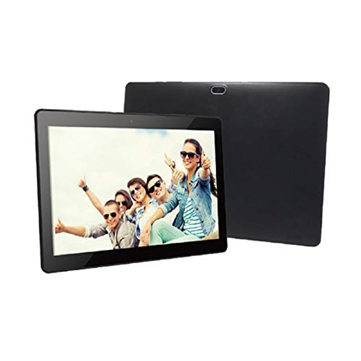 Un tablet nero con il logo Samsung, una penna e lo schermo che mostra un'immagine astratta.