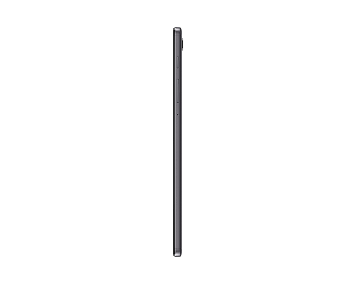 Vista del profilo di un tablet nero. Mostra i pulsanti laterali e un design sottile. Estetica pulita e minimalista.
