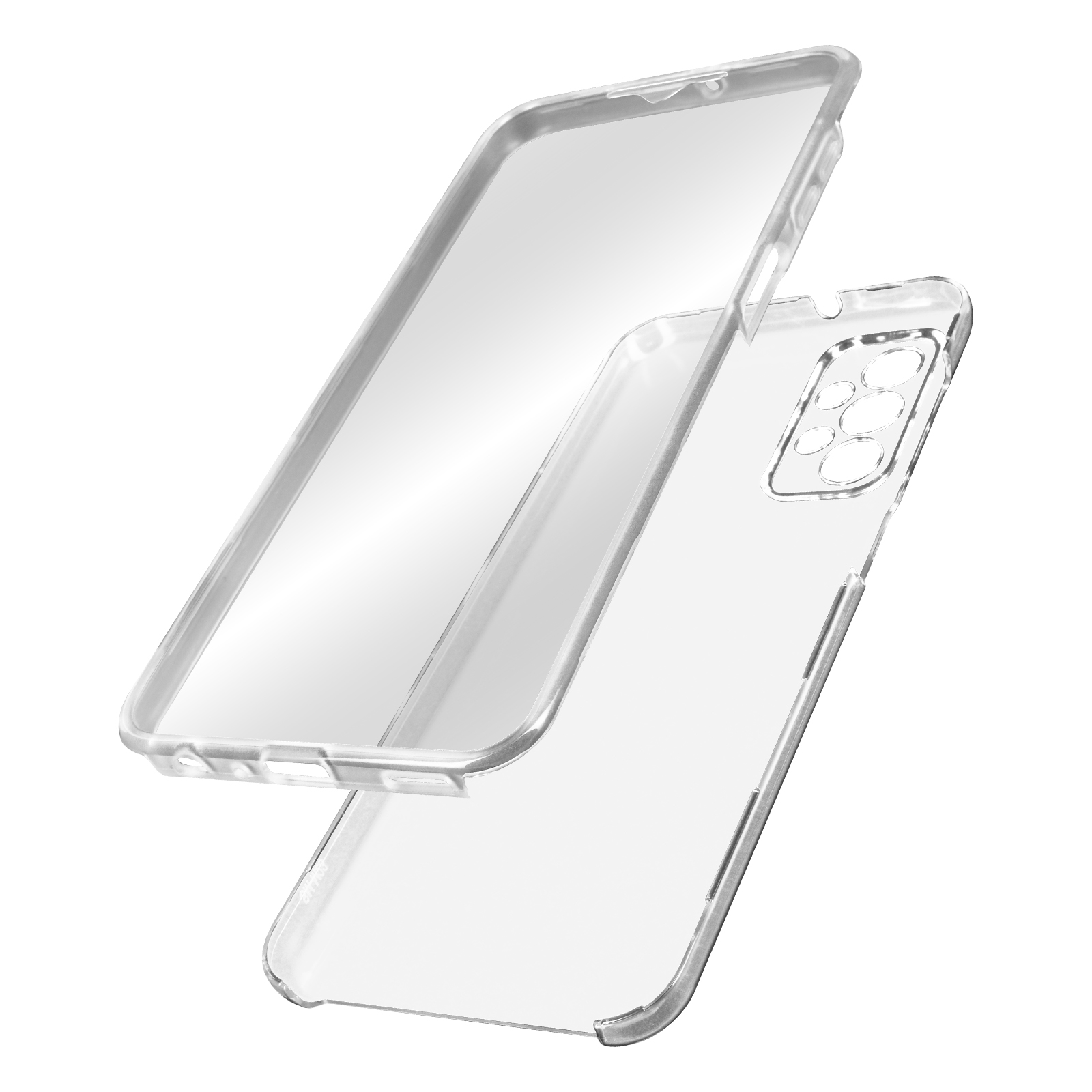 Coque de téléphone transparente, séparée en deux parties. La coque est en plastique transparent et a un trou pour la caméra.
