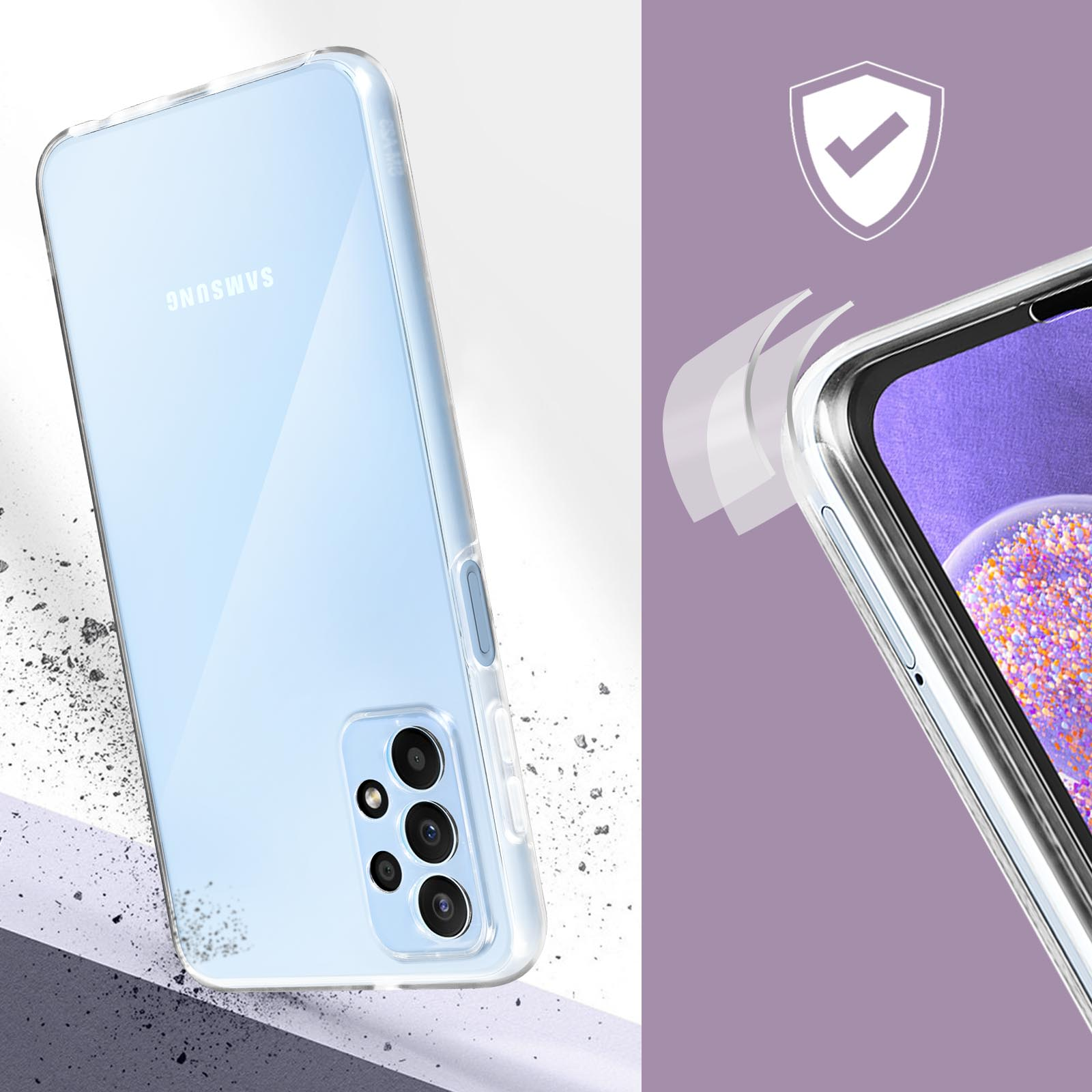 Een telefoon in een doorzichtige hoes is schuin geplaatst. De hoes wordt getoond bij de randen met een beschermend schild.