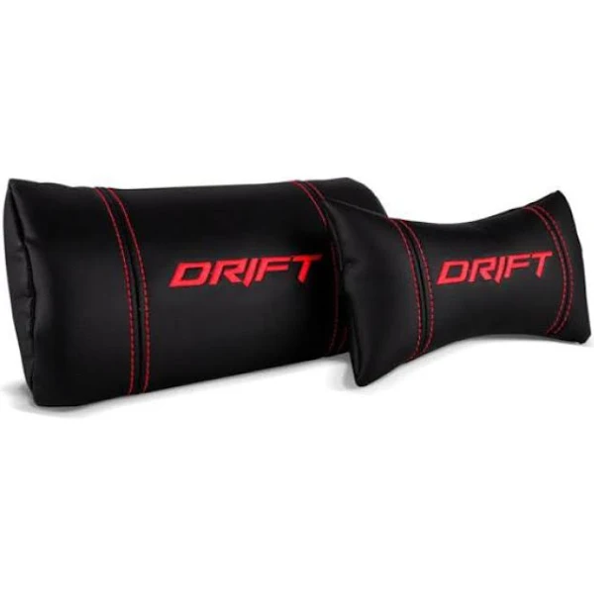 Dos almohadas negras con costuras rojas y la palabra 'DRIFT' en rojo.