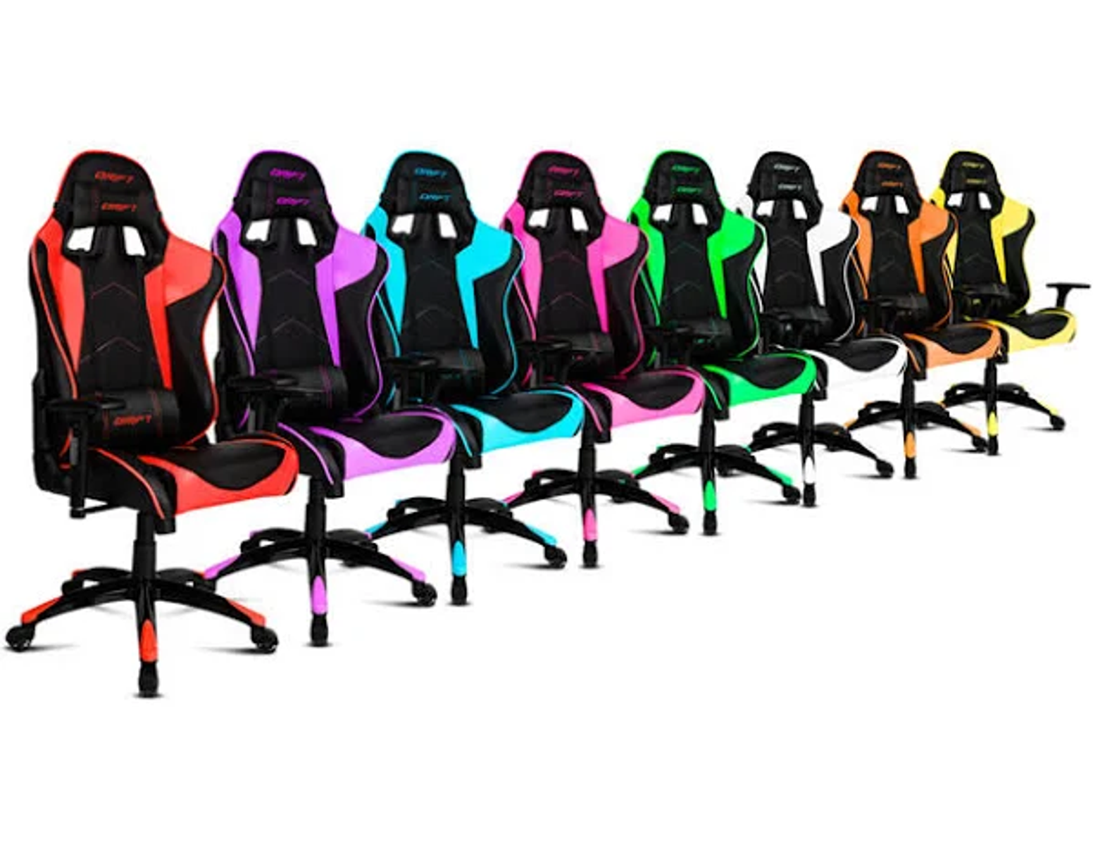 Fila de sillas gaming con diferentes colores: rojo, morado, turquesa, verde, naranja y amarillo.