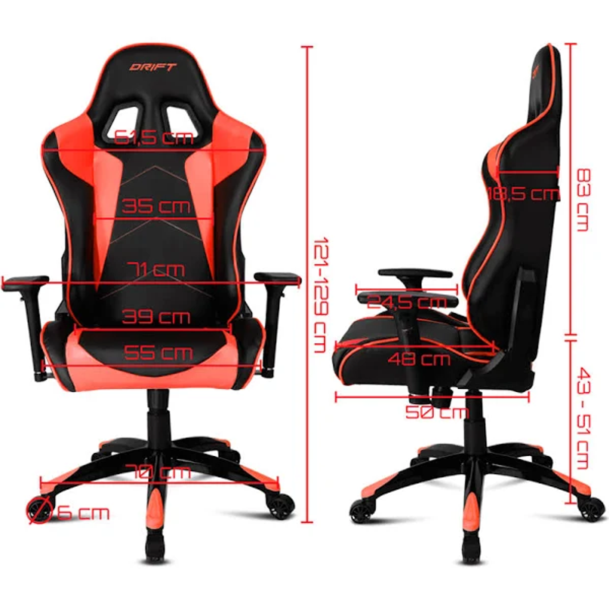 Silla gaming con detalles en negro y rojo, dimensiones detalladas sobre fondo blanco.