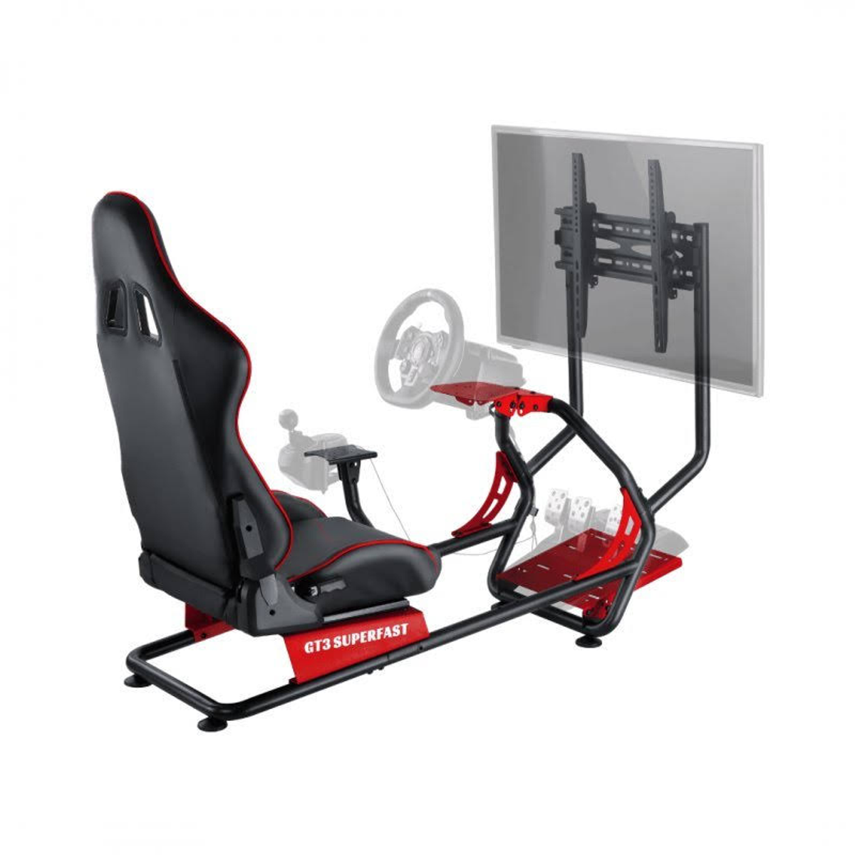 Configuración de juego que incluye un asiento de carreras rojo y negro, pedales y un volante con TV.