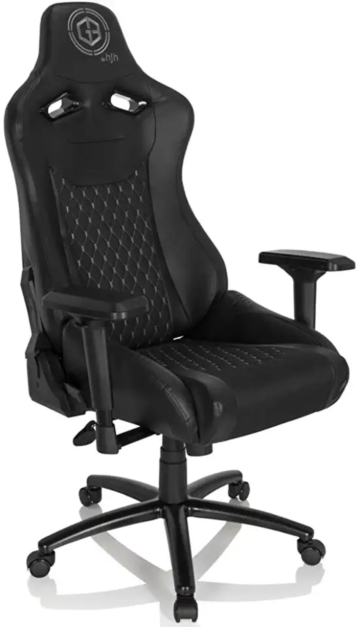 Schwarzer Gaming-Stuhl mit Rautenmuster, schwarzen Armlehnen. Profilansicht.