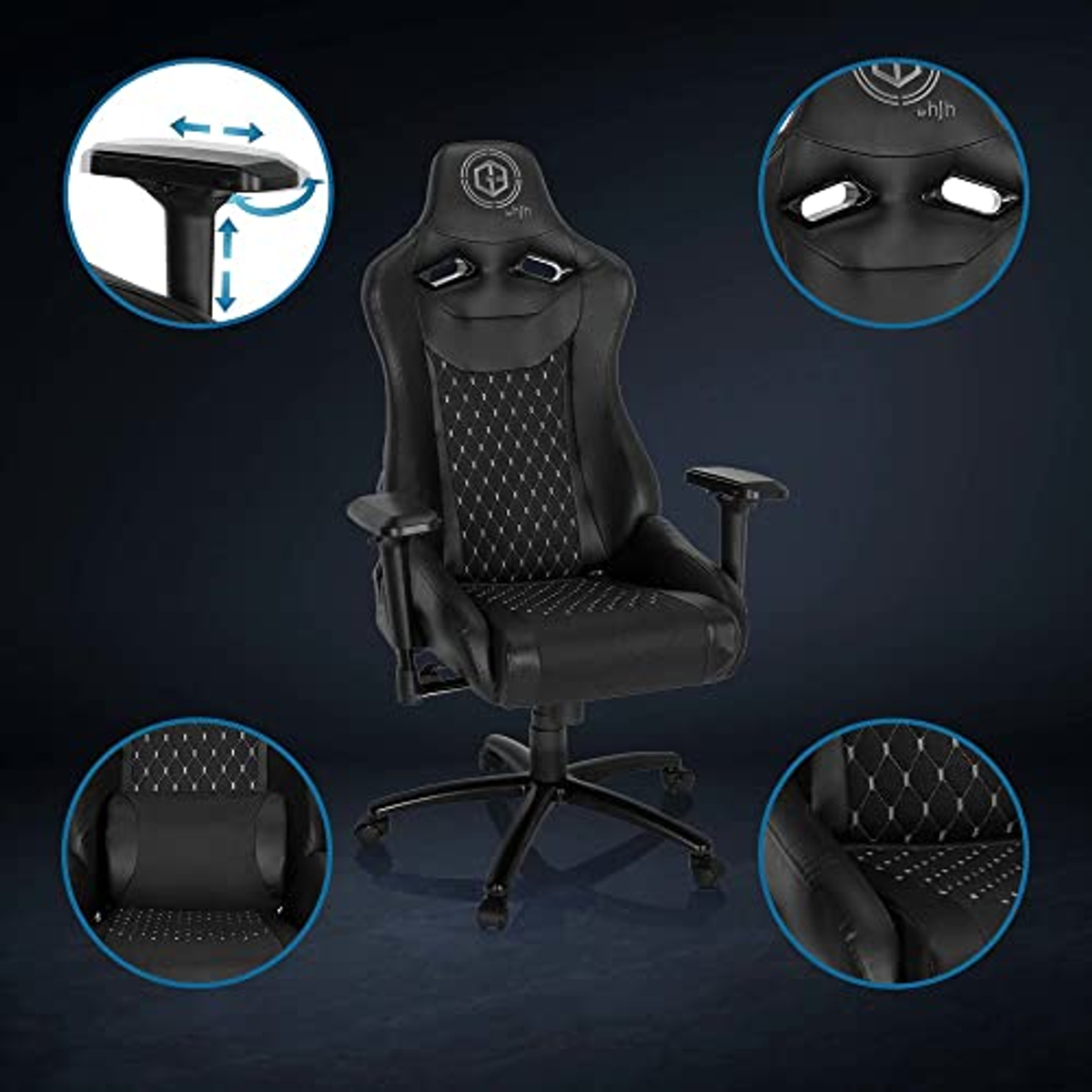 Schwarzer Gaming-Stuhl mit Rautenmuster, verstellbaren Armlehnen und Kopfstütze.