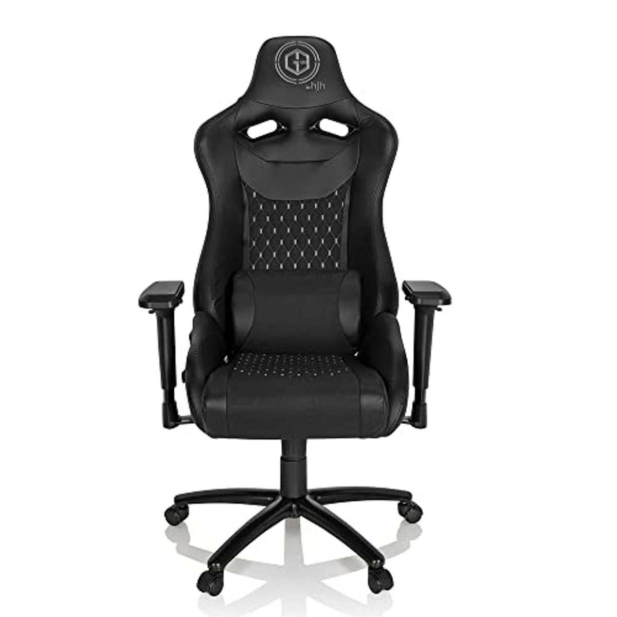 Schwarzer Gaming-Stuhl mit weißem Diamantmuster auf dem Rücken. Schwarze Basis, Armlehnen und Kopfstütze.