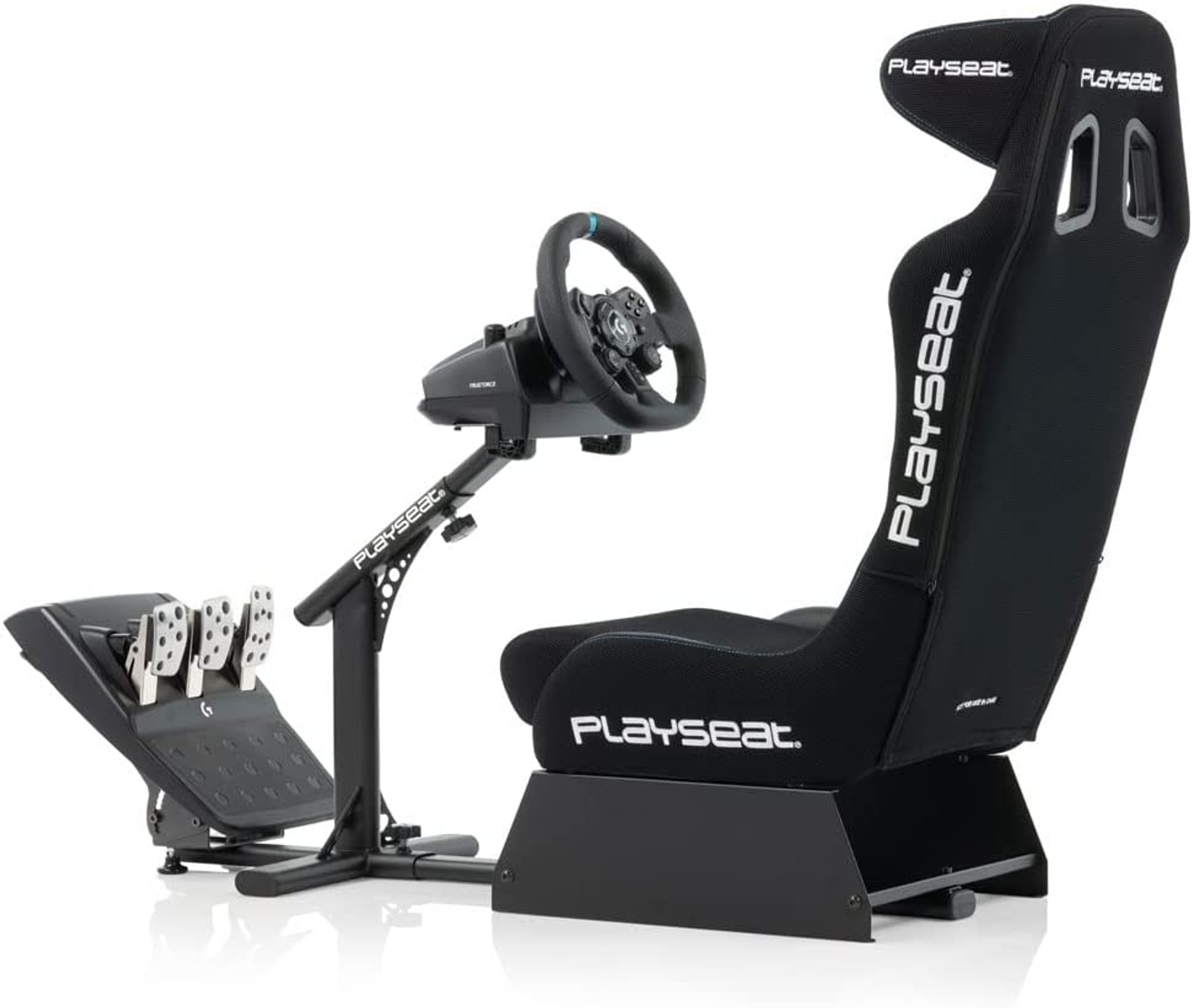 Asiento gaming Playset con volante y pedales. Combinación de colores blanco y negro.