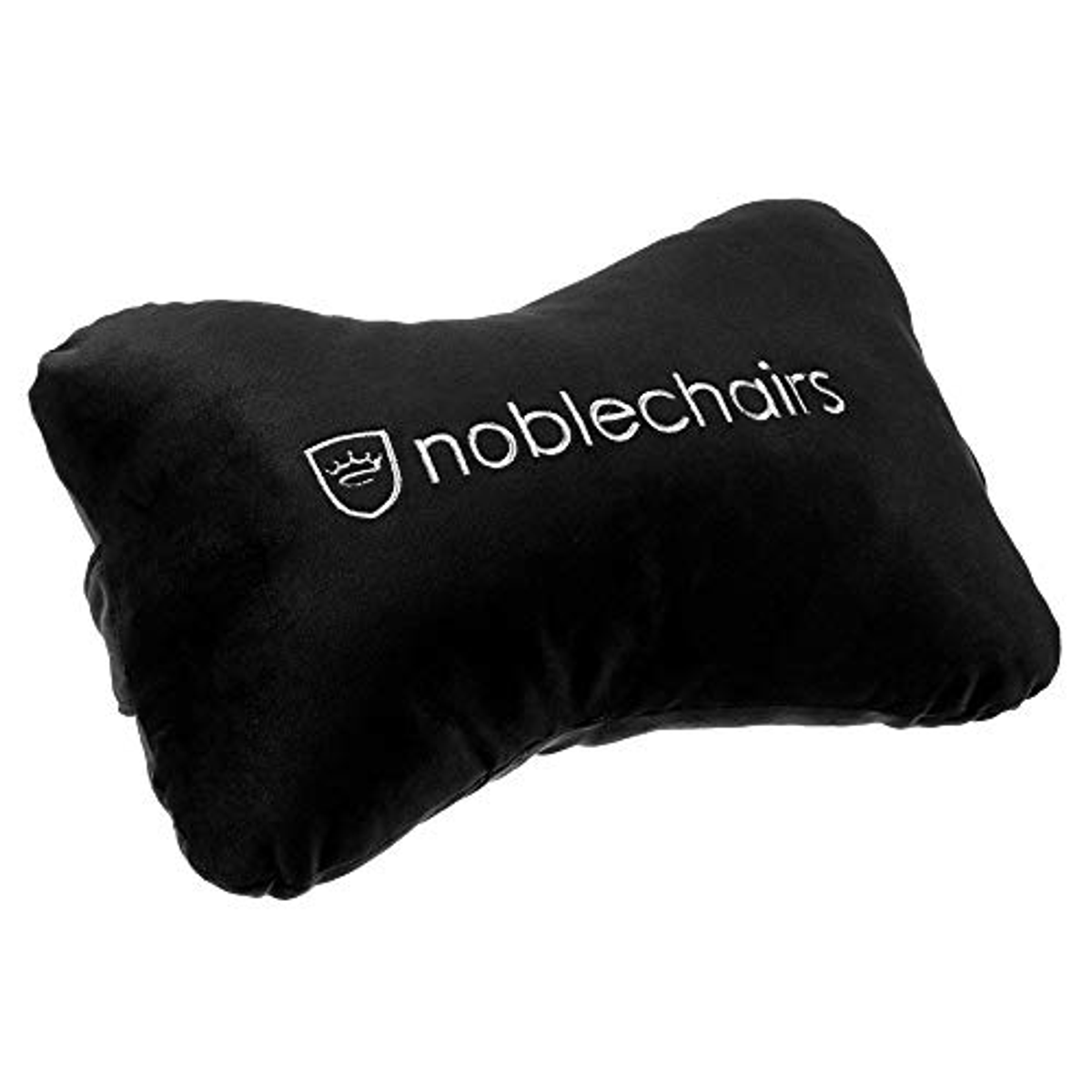 Schwarzes Nackenkissen mit 'noblechairs' Schriftzug. Schwarzes Material. Weißer Hintergrund.