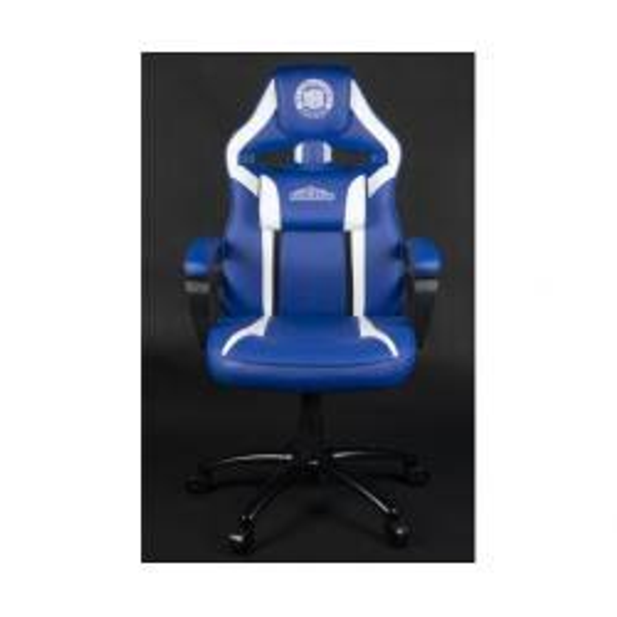 Blau-weißer Gaming-Stuhl. Er hat einen hohen Rücken, Armlehnen und ein schwarzes Gestell.