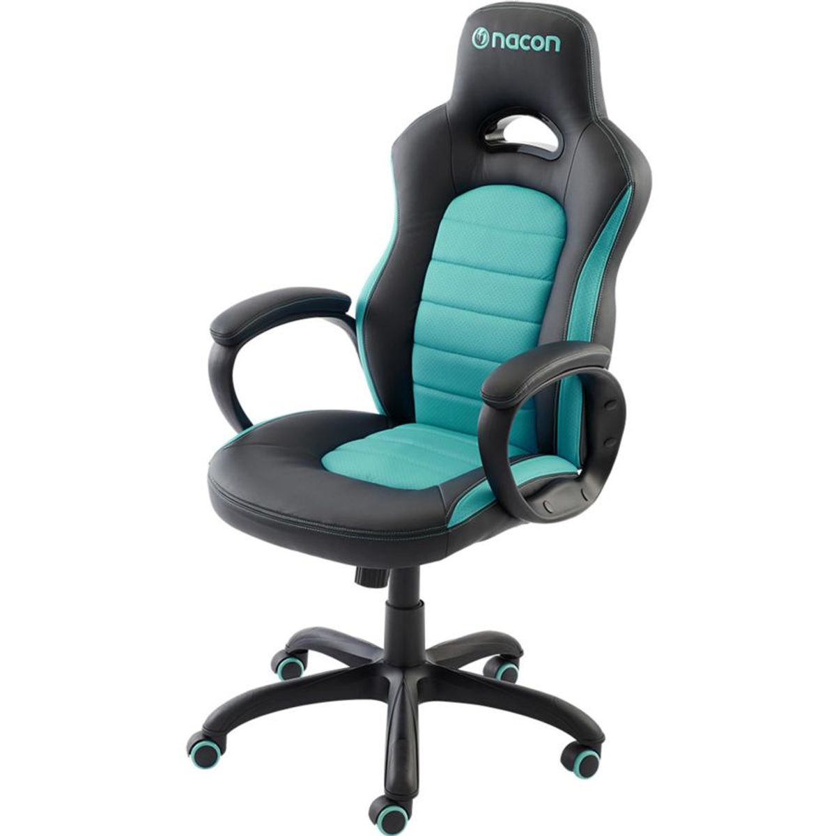 Silla gaming negra y turquesa. Fondo blanco. Muestra la silla en detalle. Presenta el logotipo de Nacon.