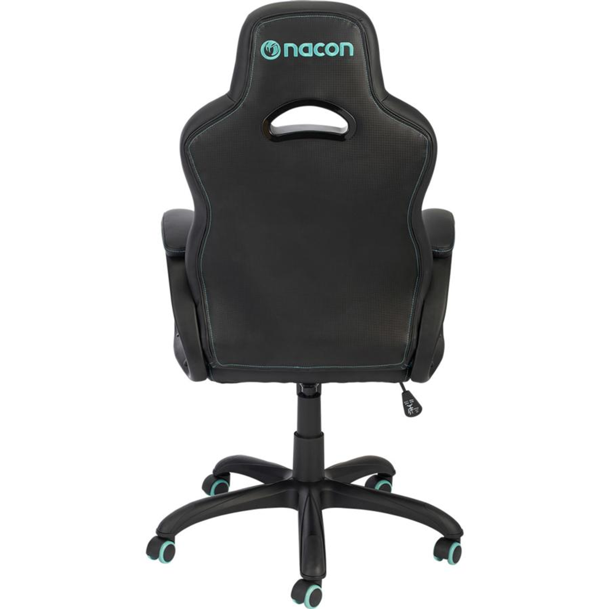 Sedia da gaming nera, vista posteriore. Logo Nacon, ruote nere, cuciture turchesi.