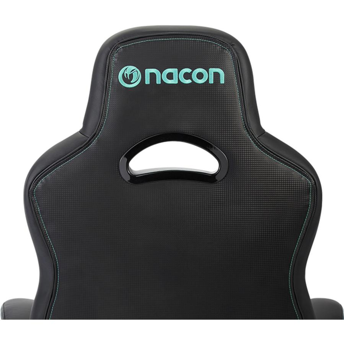 Schienale di sedia da gaming nero con logo Nacon e cuciture turchese.