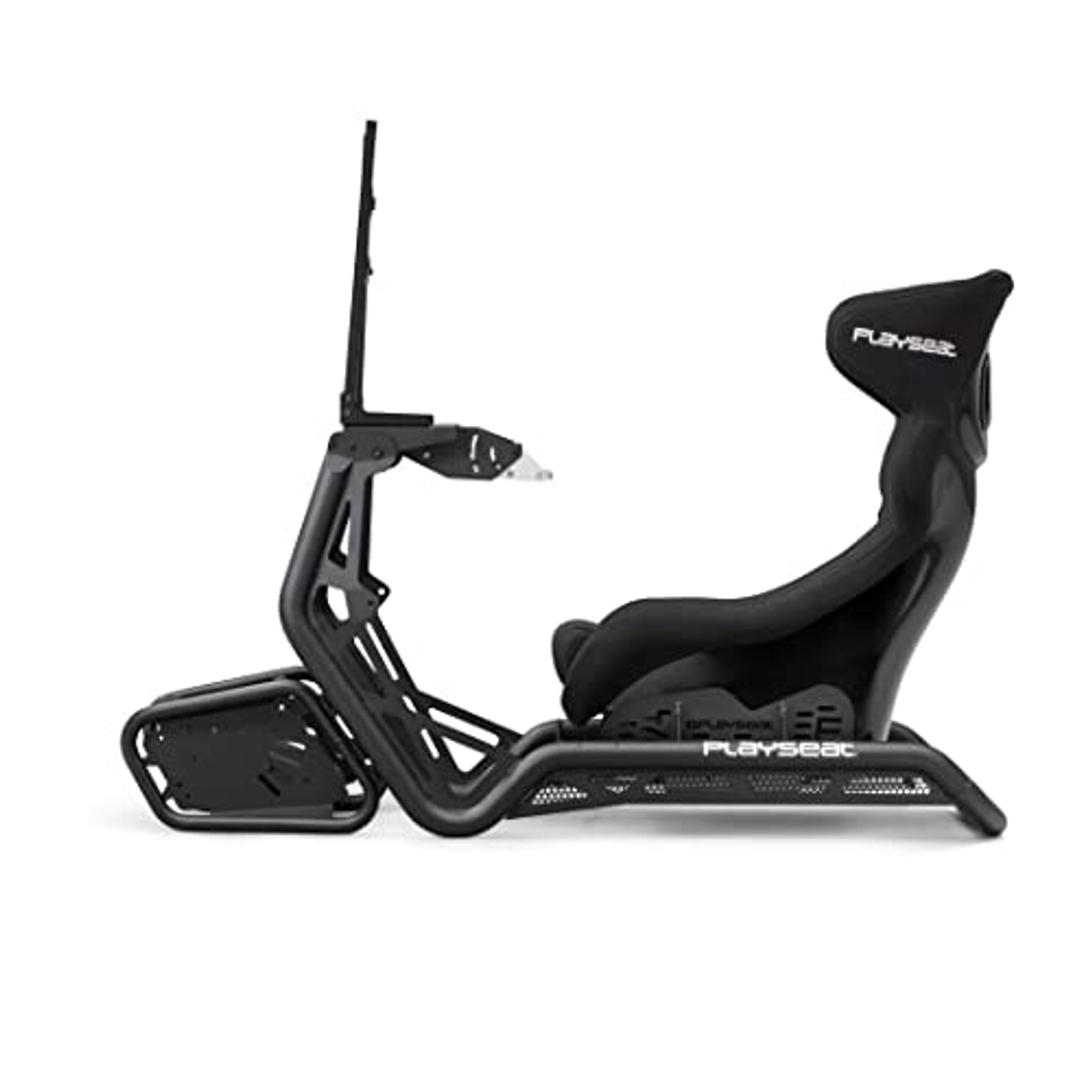 Black gaming seat. Includes a seat, monitor stand, and a headrest. White background.
