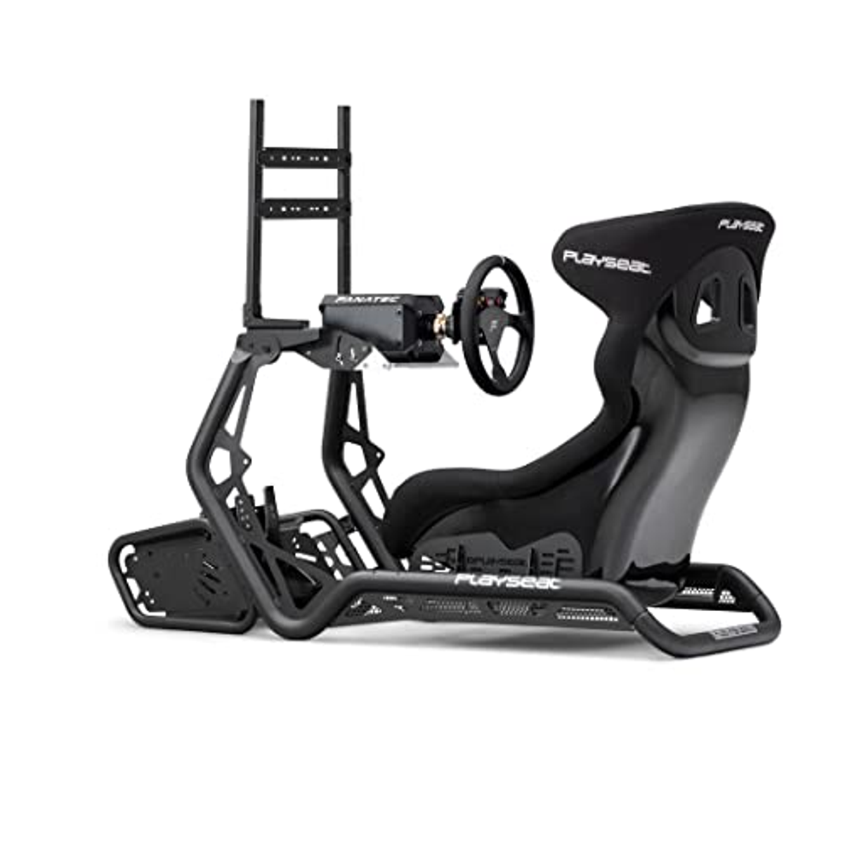Black racing simulator setup with seat, steering wheel, and monitor stand.