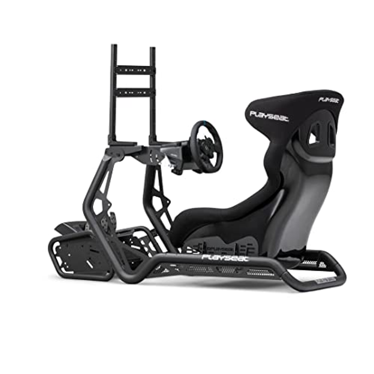 Black racing-simulator setup. Includes a seat, a steering wheel, and a frame.