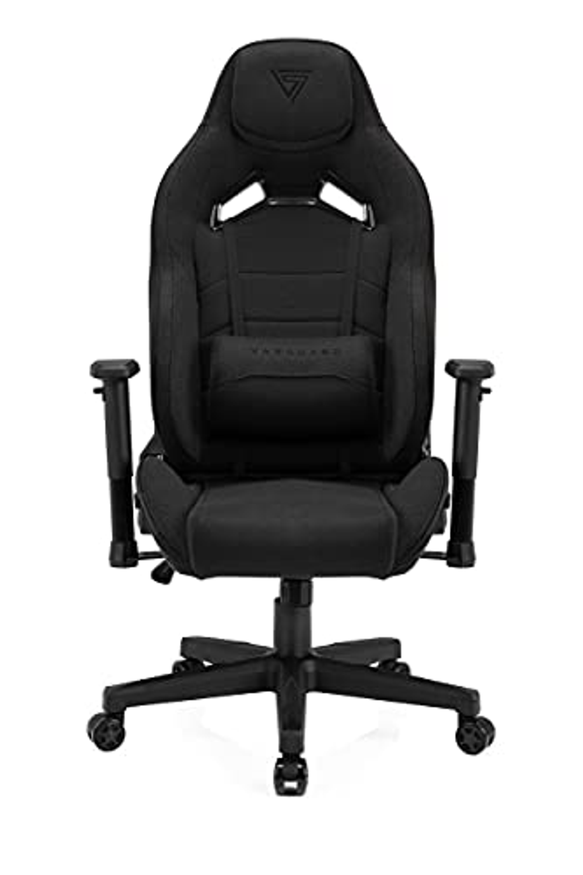 Sedia da gaming nera con design elegante, poggiatesta e supporto lombare, sfondo bianco.