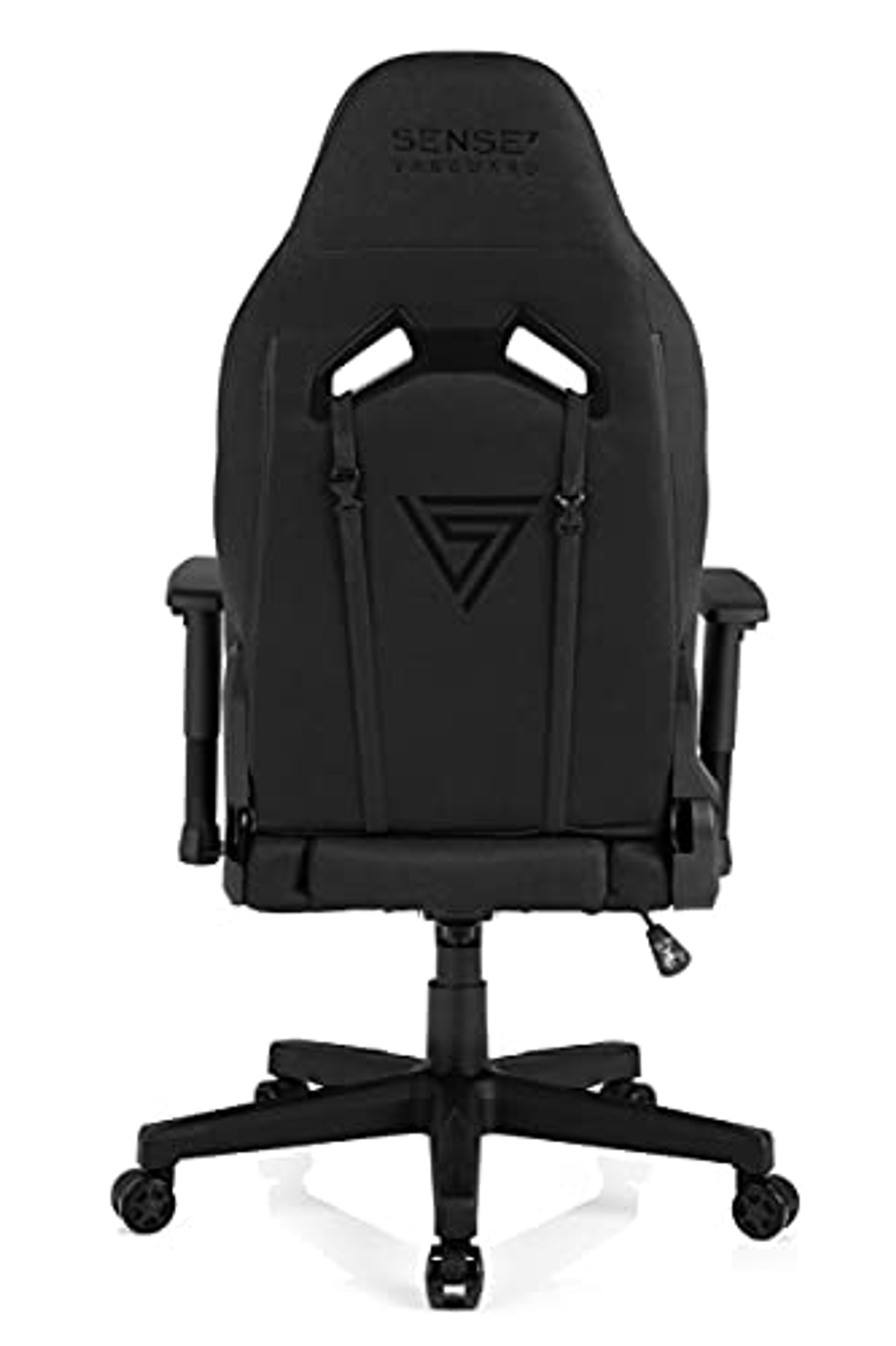 Vista posteriore di una sedia da gaming nera con il logo 'Sense'.