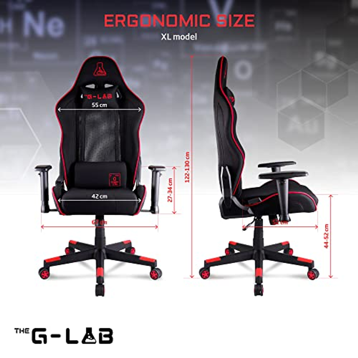 Silla gamer con dimensiones, negro y rojo. Fondo blanco.
