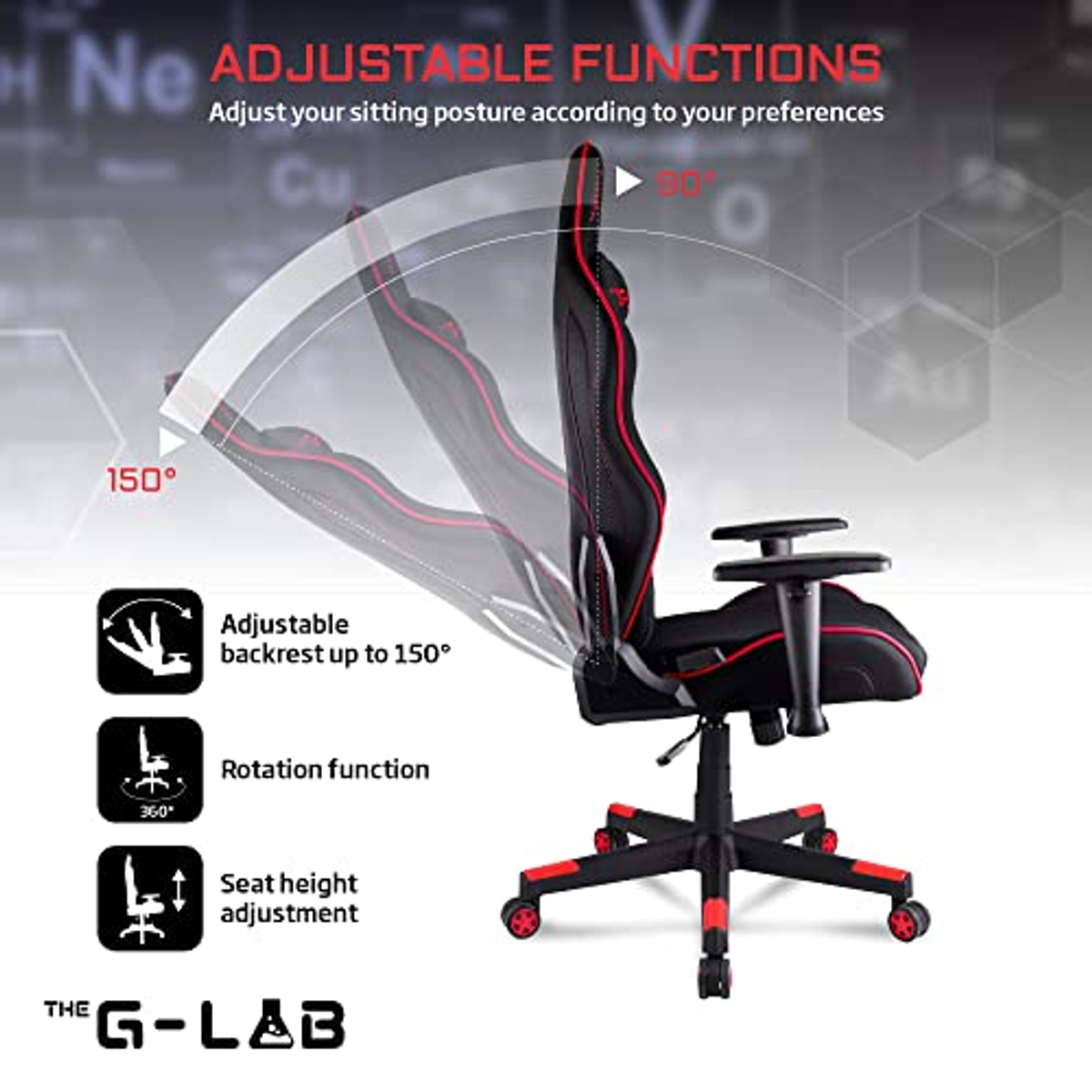 Silla gaming con funciones como respaldo ajustable, rotación 360° y ajuste de altura del asiento.
