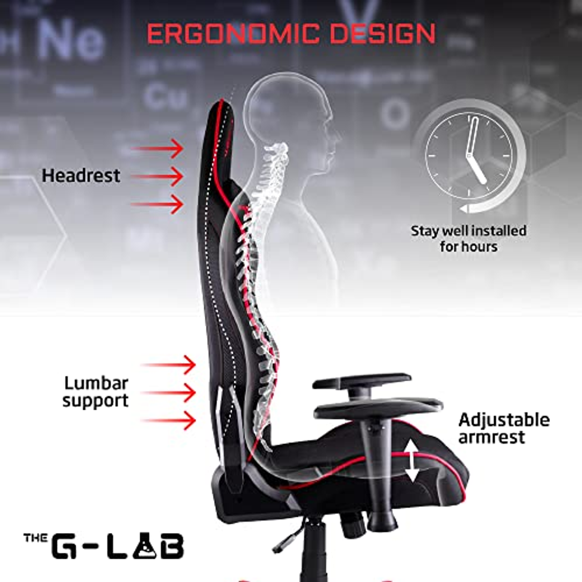 Ilustración de silla gaming mostrando diseño ergonómico y reposabrazos ajustables.
