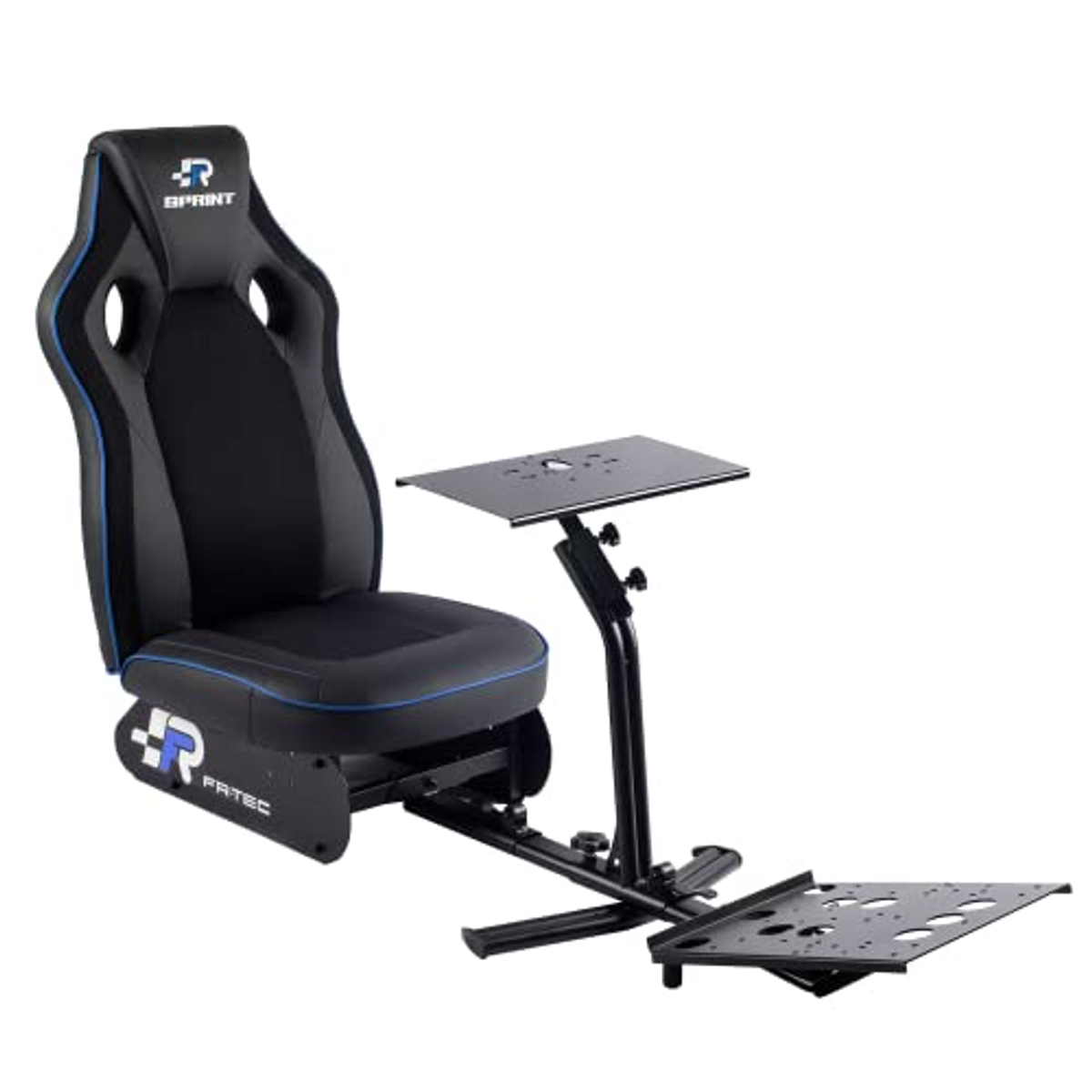 Configurazione sedile gaming. Sedile nero con marchio FRTEC, una piattaforma nera e un supporto nero.