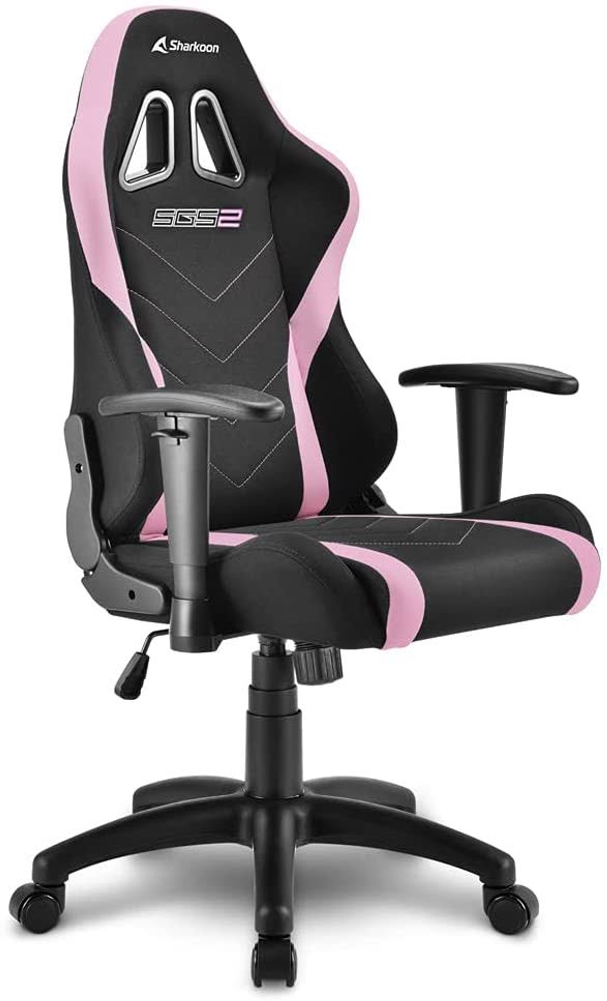 Silla gaming rosa y negra. Con reposabrazos, ruedas y logo Sharkoon.