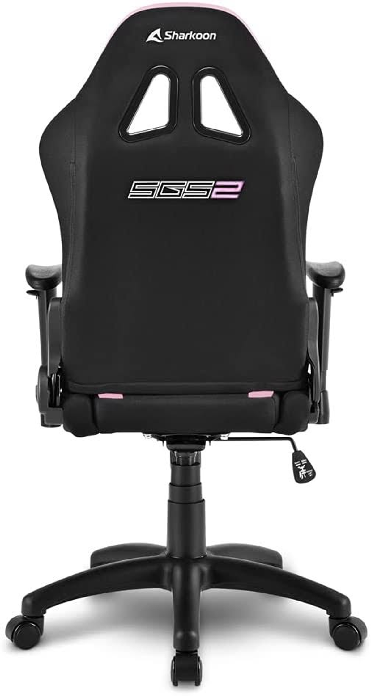 Espalda de silla gaming, negra, con detalles rosas y logo, sobre fondo blanco.