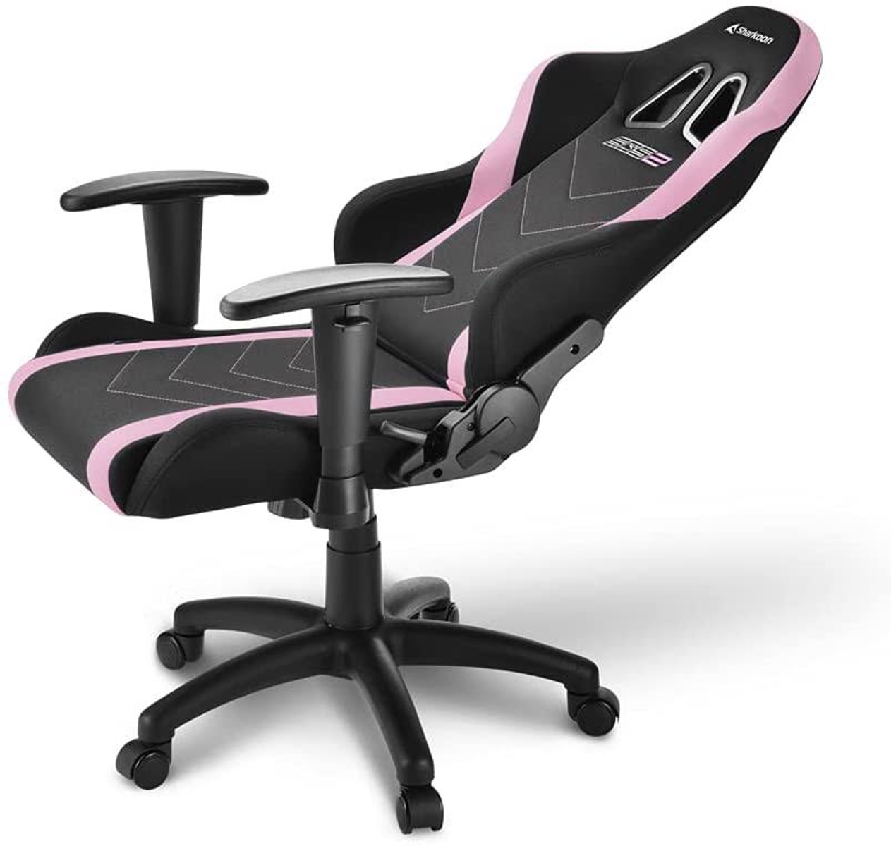 Silla gaming, negro con detalles rosas. Muestra el diseño con reposacabezas y reposabrazos. Fondo blanco.