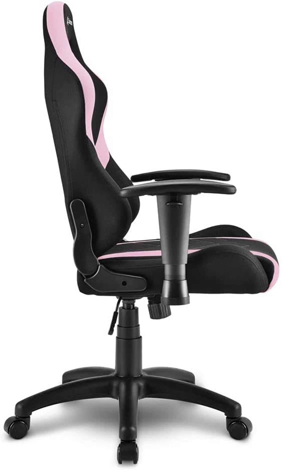 Silla gamer negra con detalles rosas. Tiene respaldo alto y reposabrazos ajustables.