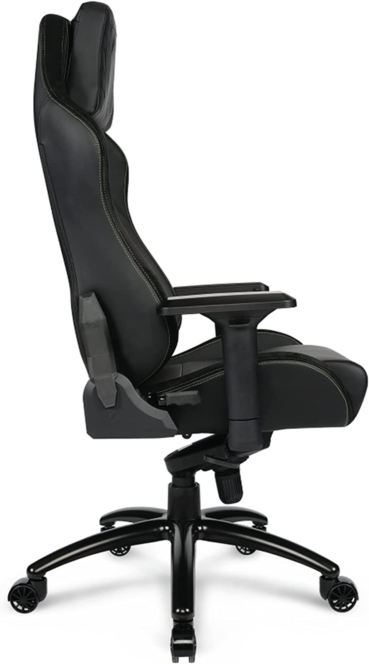 Silla gaming, negra con costuras verdes. Vista lateral muestra diseño ergonómico y detalle del reposacabezas.