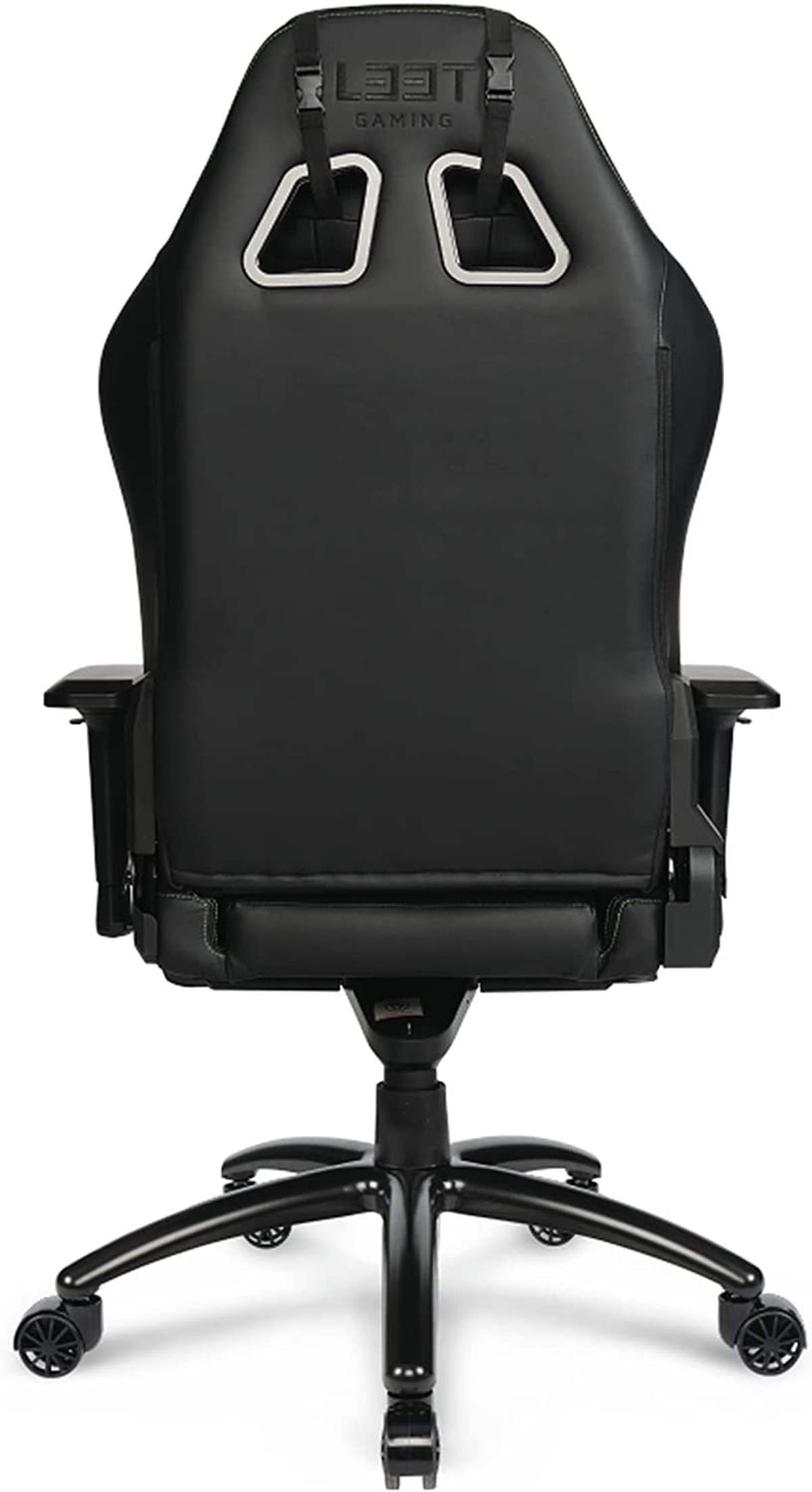 Vista trasera de una silla gaming negra con reposacabezas y base de cinco estrellas.