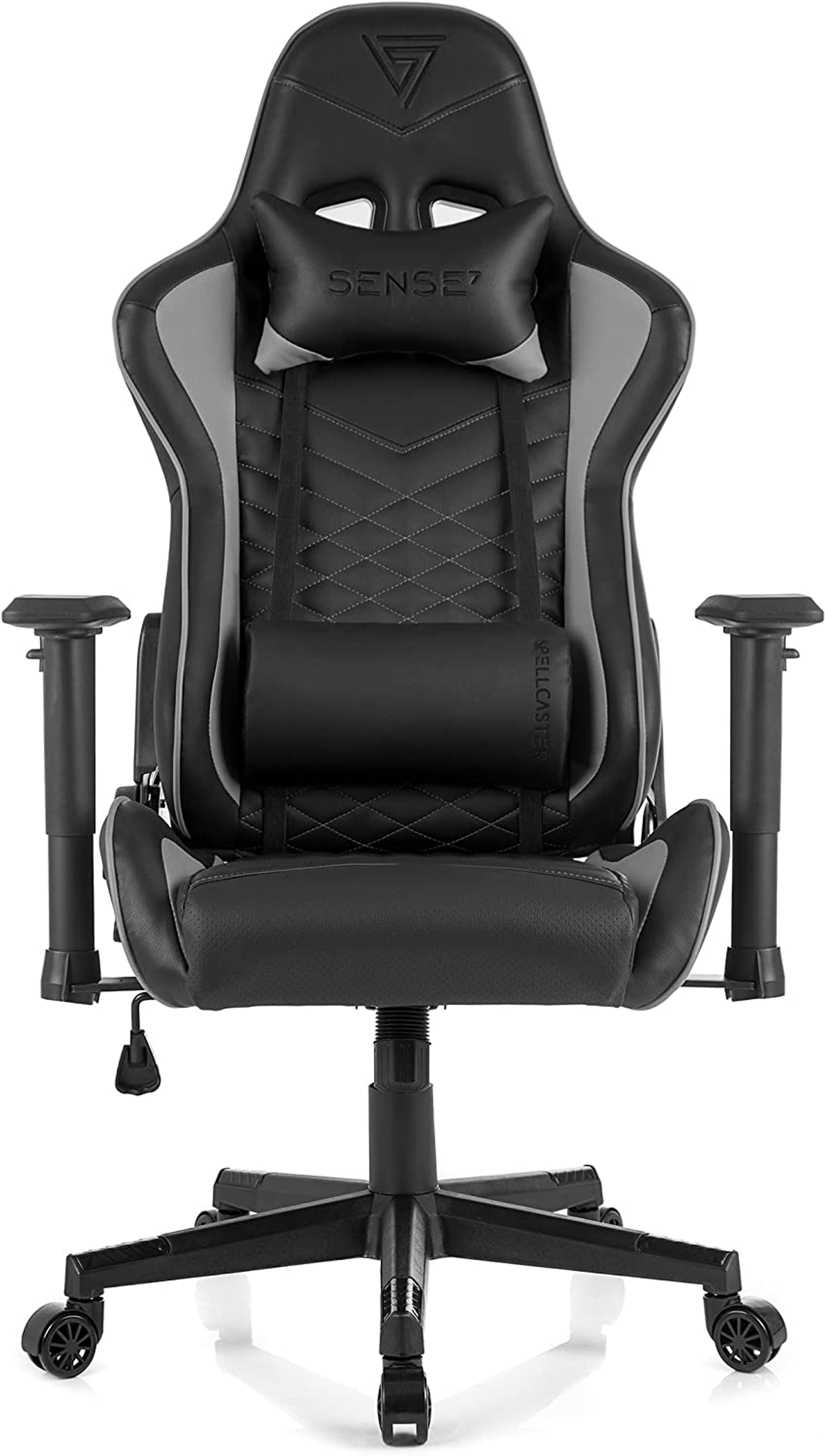 Silla gaming negra y gris. Con reposacabezas, cojín lumbar, reposabrazos y base de cinco estrellas.