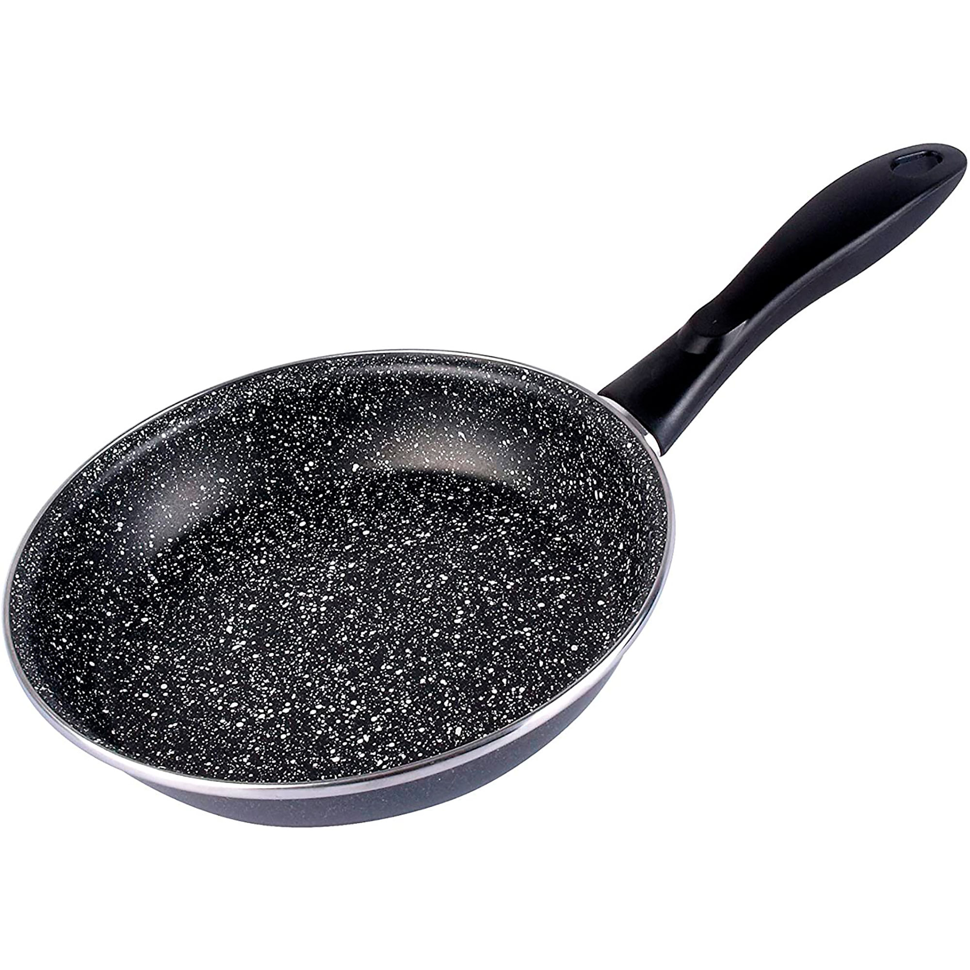 Sartén negra con interior gris moteado y un mango negro. La sartén está sobre un fondo blanco.
