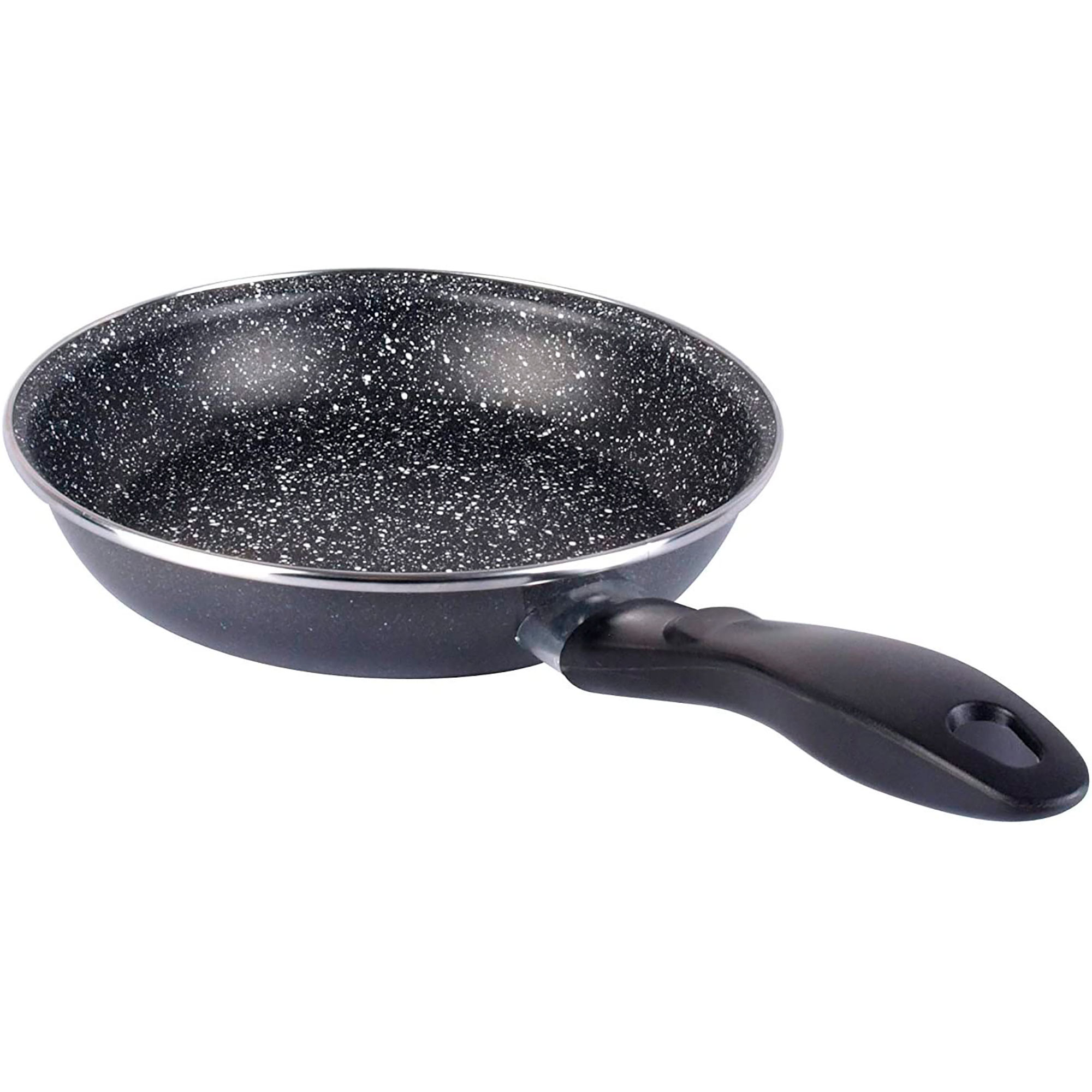 Una sartén moteada en blanco y negro con un mango negro.