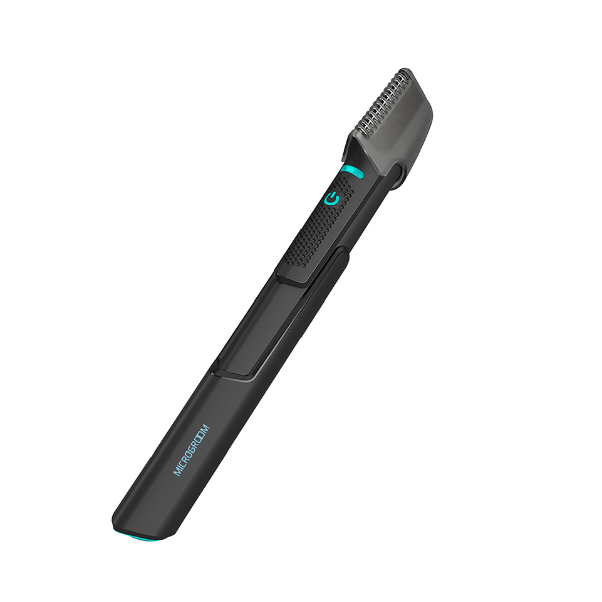 Recortadora Microgroom negra, diseño elegante, ergonómica, con botón de encendido y cuchilla.