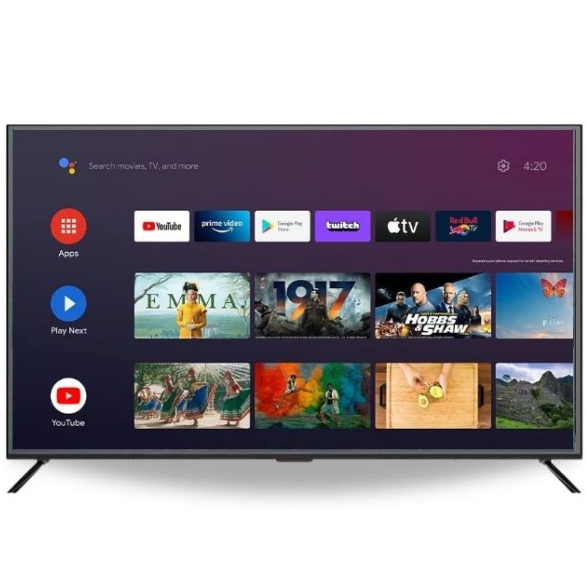 Un televisor de pantalla grande muestra una pantalla de inicio con varios iconos de aplicaciones y sugerencias de películas.