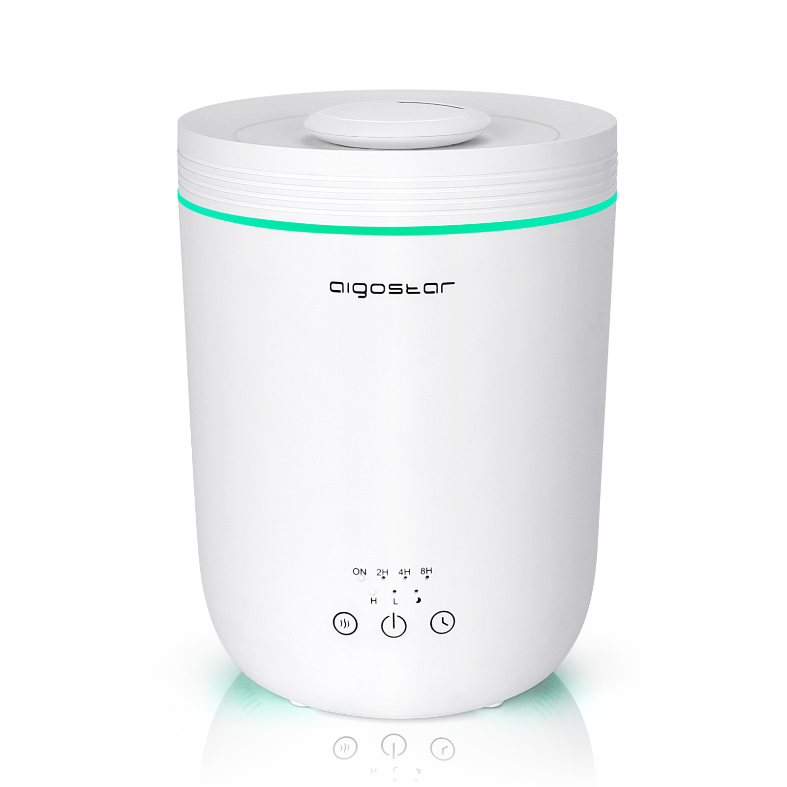 Umidificatore d'aria bianco con luce verde e logo 'aigostar'. Ha pulsanti per accensione e timer.