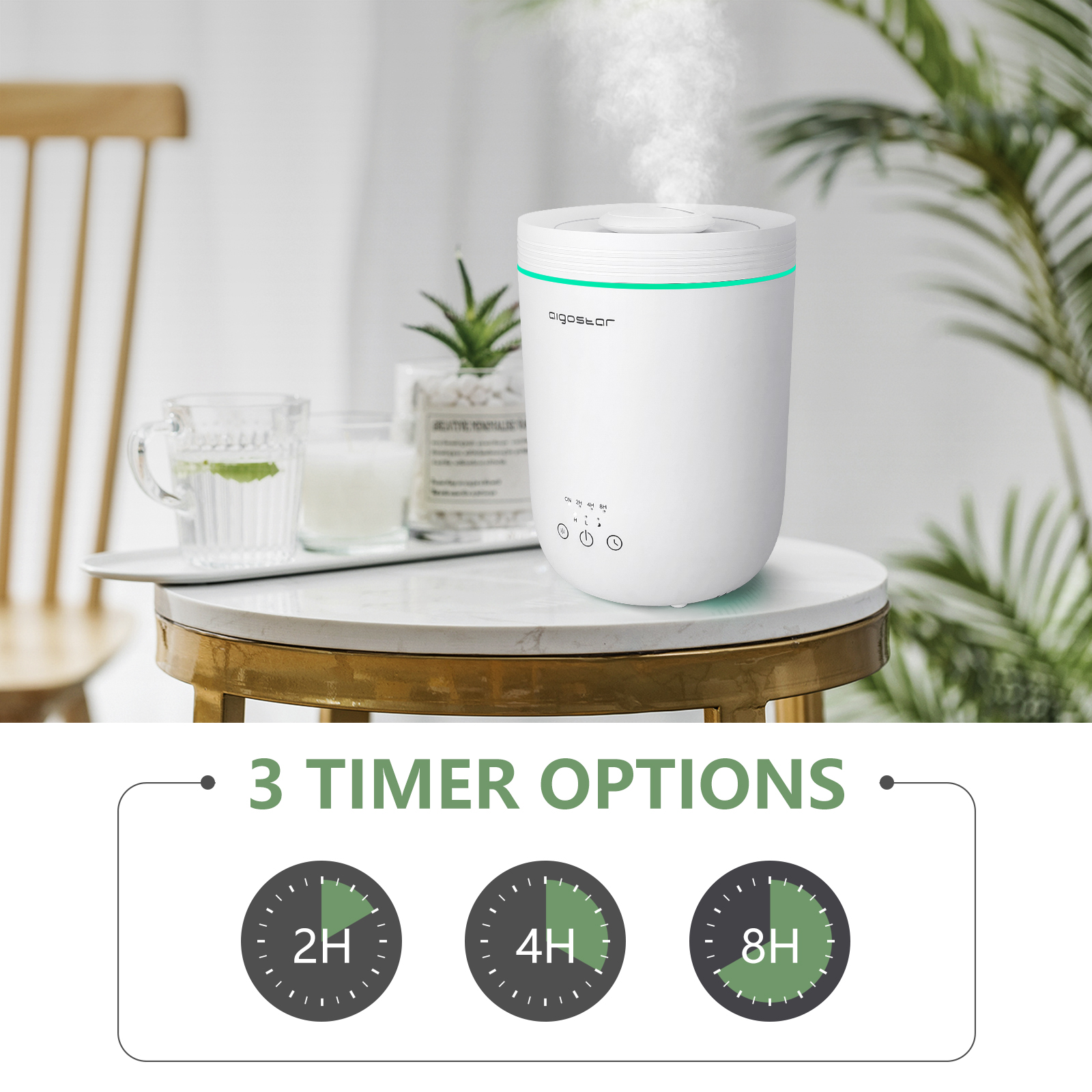 Umidificatore bianco con dettagli verdi. Tre opzioni timer: 2H, 4H e 8H.