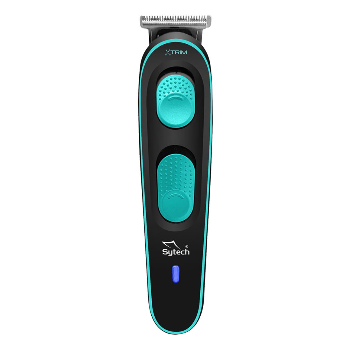 Recortador de cabello eléctrico negro y verde azulado. Botones turquesa. Fondo blanco.
