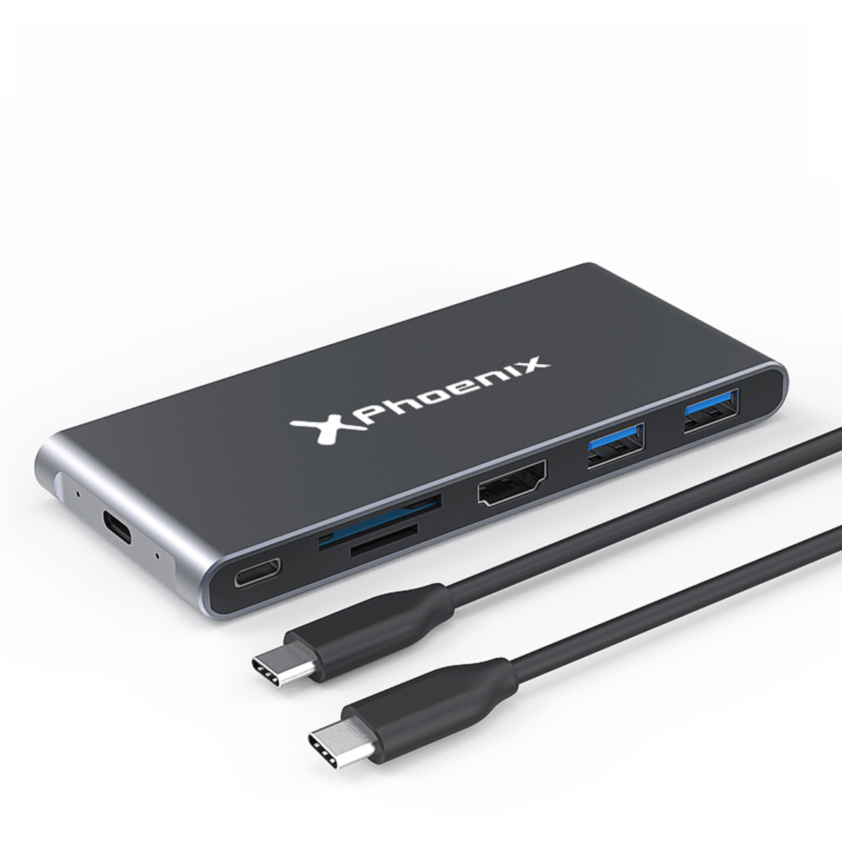 Un concentrador USB gris XPhoenix con varios puertos y dos cables negros.