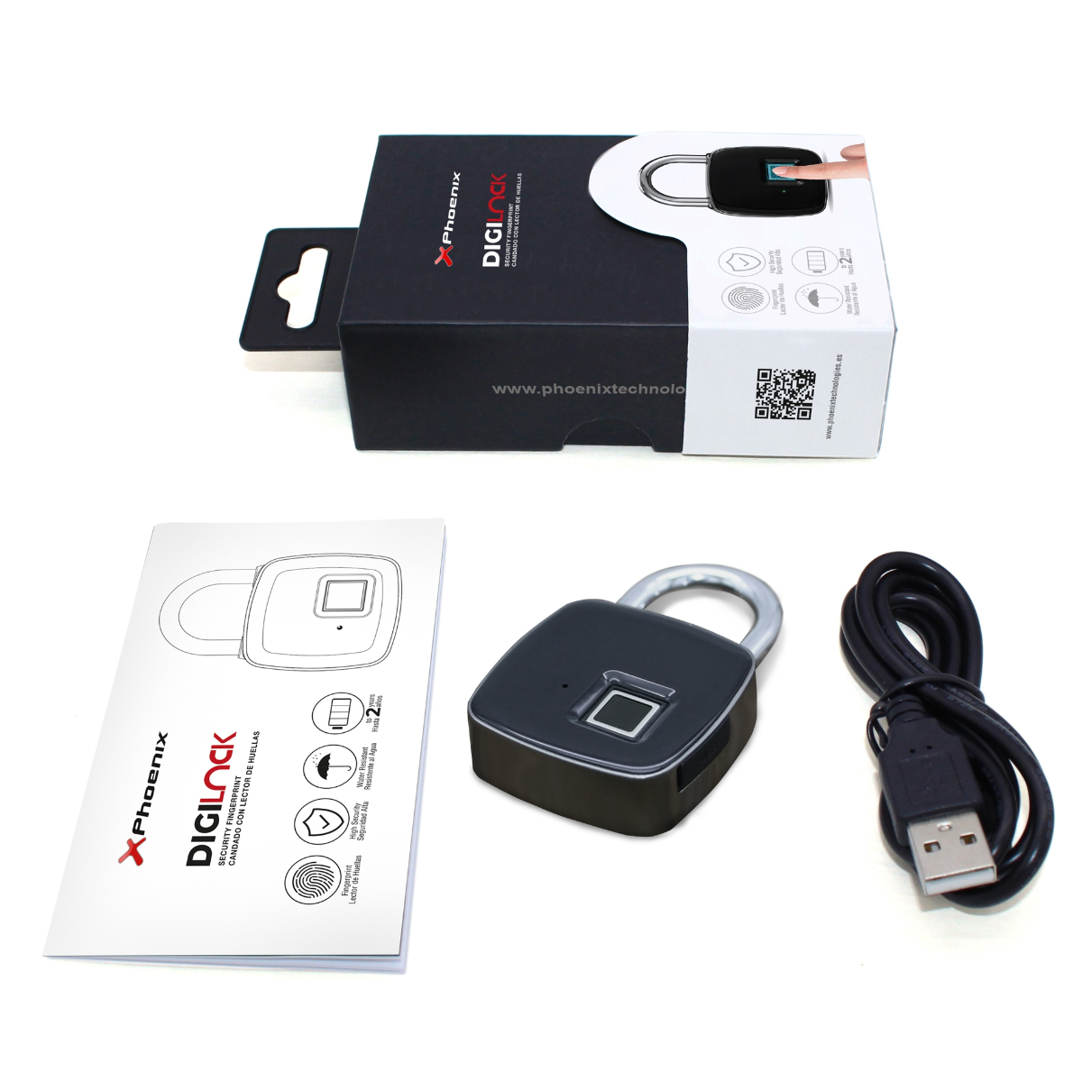 Candado de huellas dactilares con caja, manual y cable USB. La caja tiene escrito DigiLock.