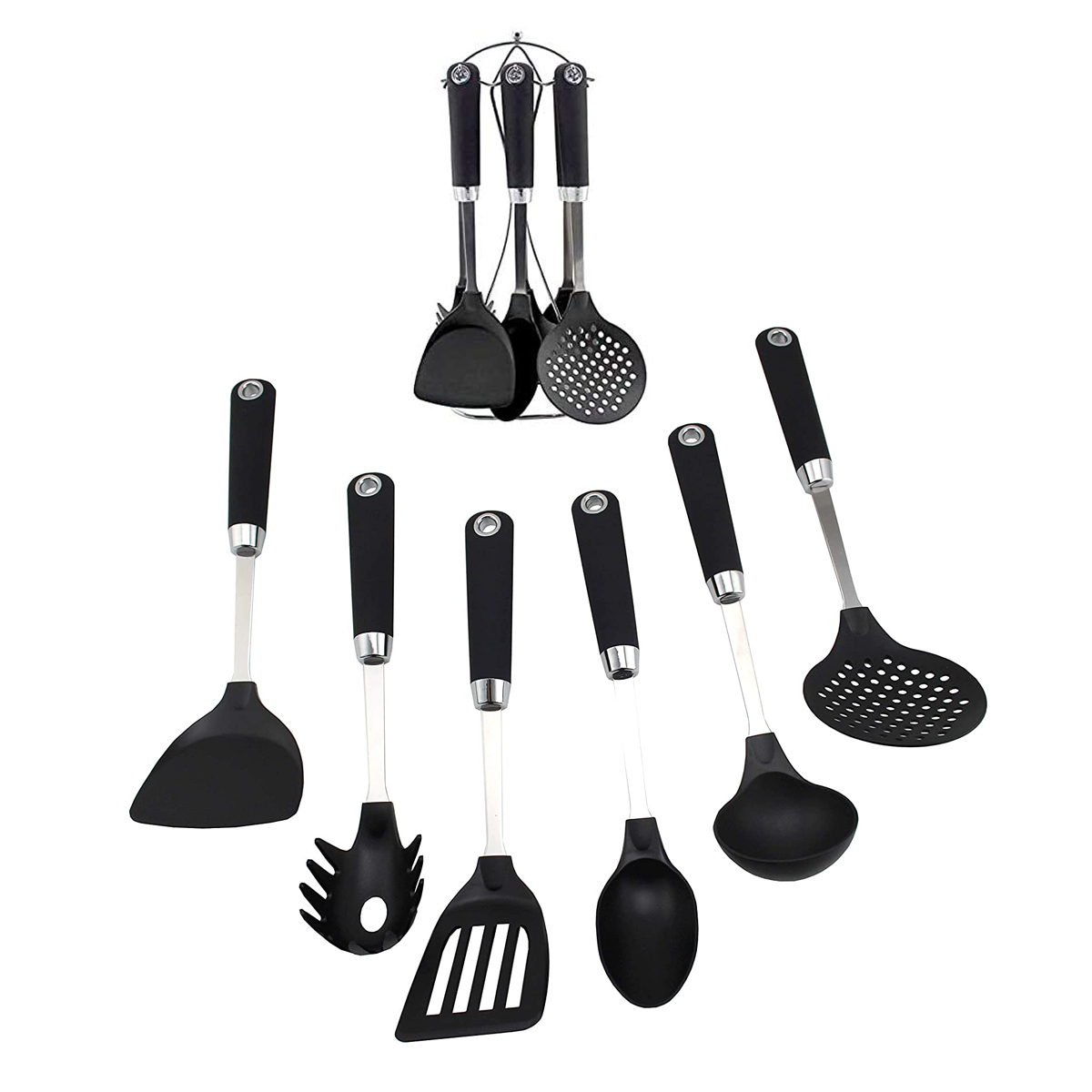 Bastilipo Ginebra Set de accesorios cocina 7 piezas espumadera cucharon cazo espatula perforada pasta soporte acero inoxidable utensilios bast7517