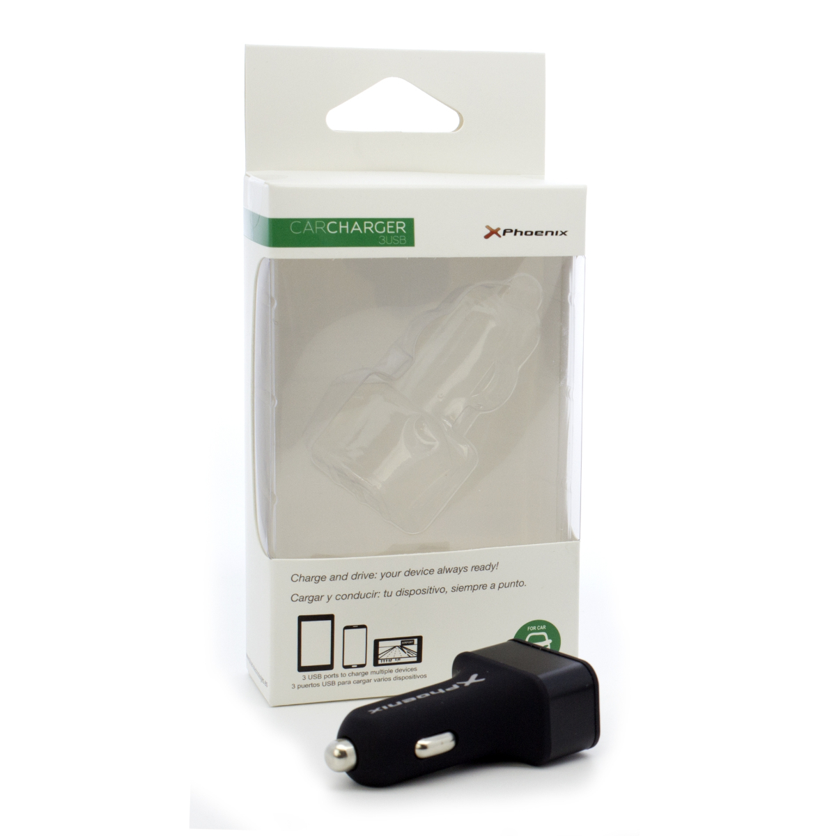 Cargador de coche en paquete. Cargador negro con puerto USB. Caja blanca con molde plástico transparente.