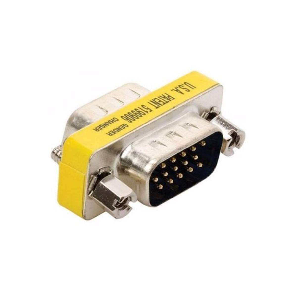 Un cambiador de género VGA amarillo. Es un conector rectangular con pines y cierres de tornillo.