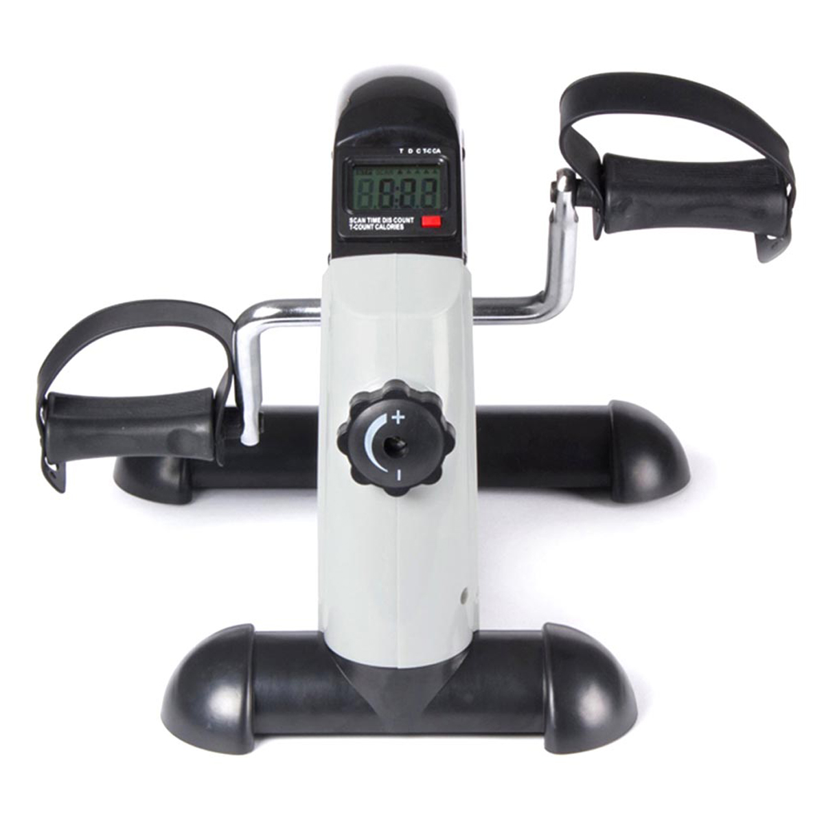 Minibicicleta estática. Gris y negro con pantalla digital. Tiene pedales y una perilla para ajustar la resistencia.