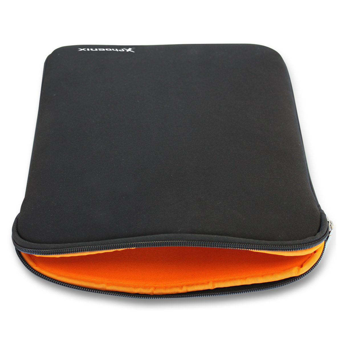 Funda negra para portátil con interior naranja. La cremallera es visible.