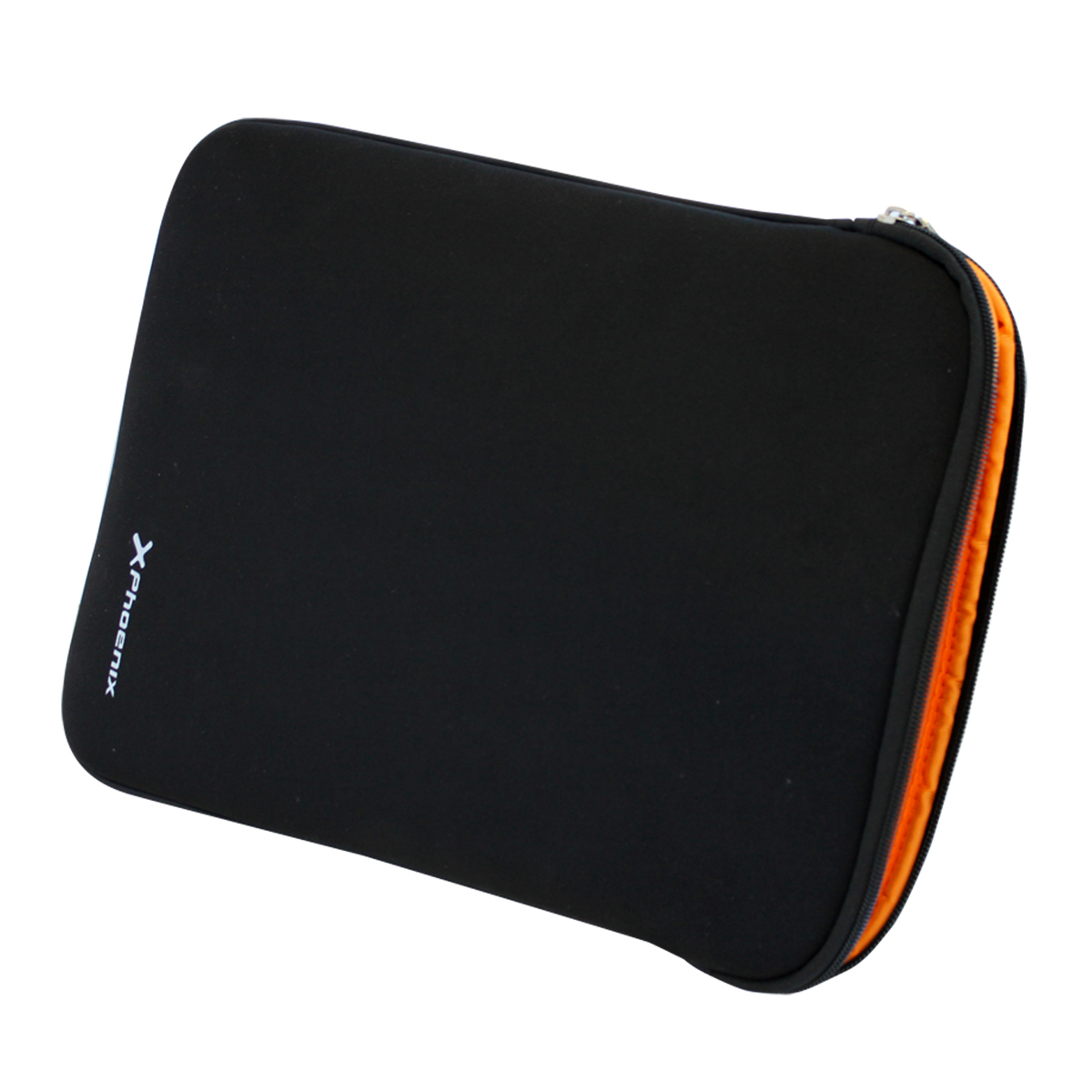 Una funda negra para portátil con una cremallera naranja y el logotipo "xPhoenix" en blanco.