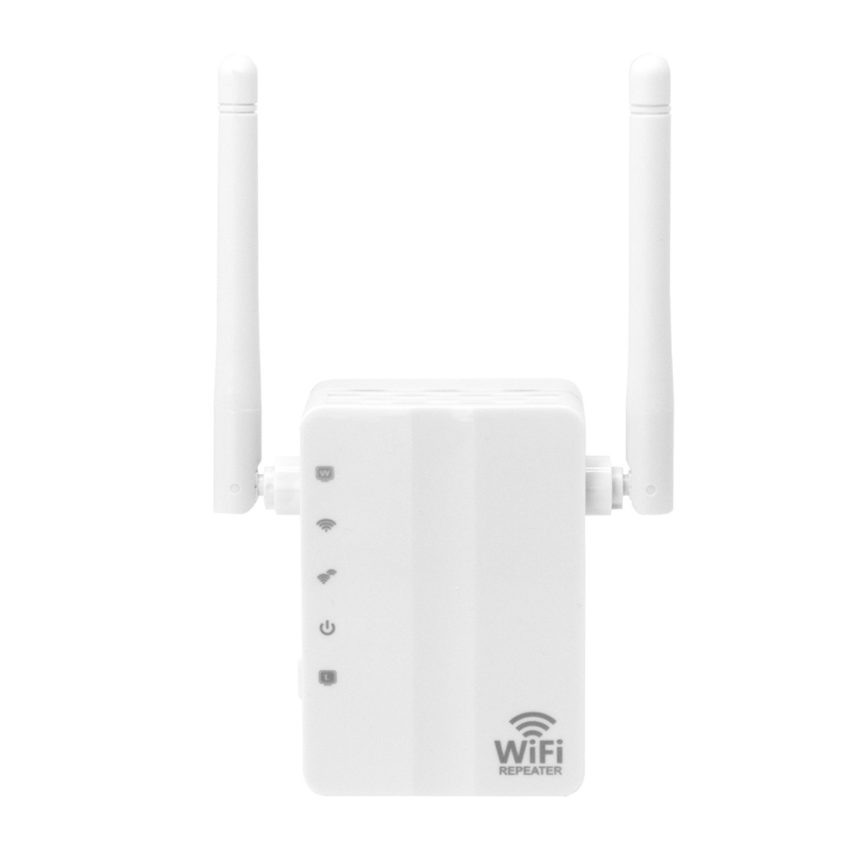 Repetidor WiFi blanco con dos antenas, luces de encendido y señal, sobre fondo blanco.