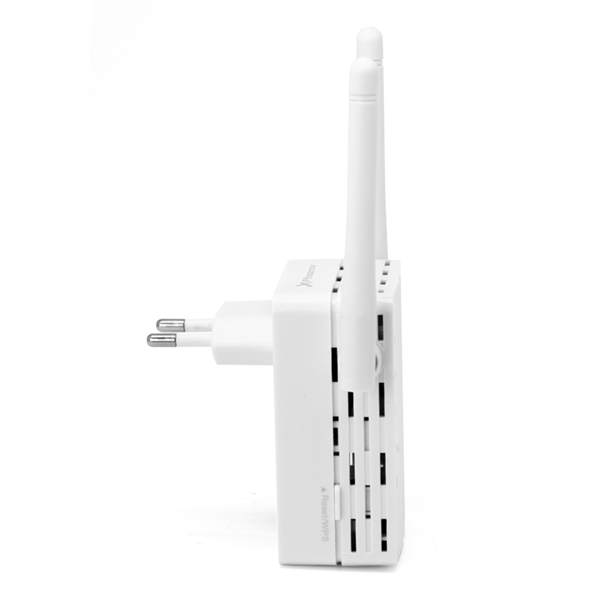 Extensor WiFi blanco. Tiene dos antenas y un enchufe para conectarlo a un enchufe.